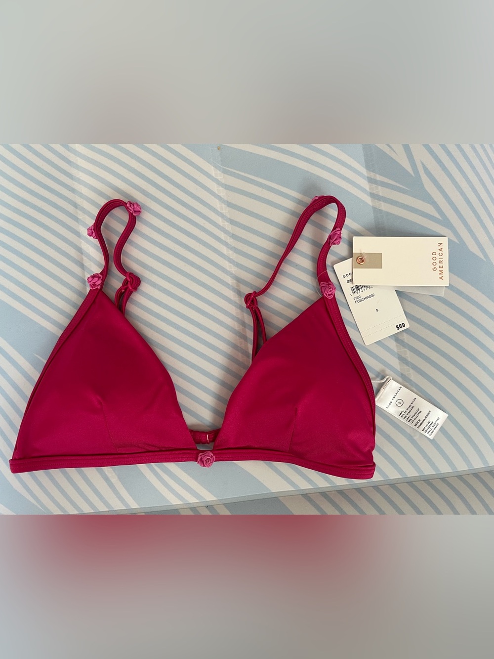 Good American Fuchsia Triangle Bikini Top with Rose Accents